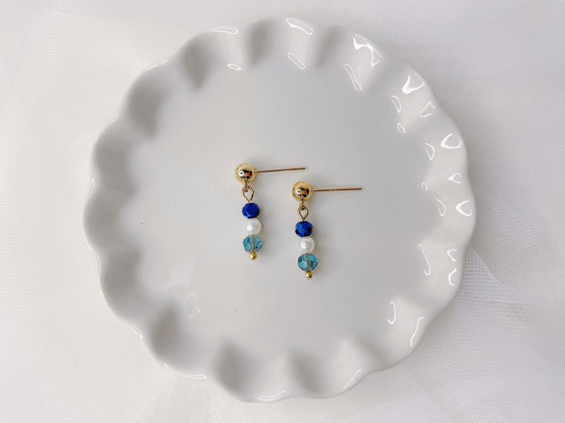 蓝色团子 || 捷克珠耳环 - 耳环/耳夹 - 珍珠 蓝色