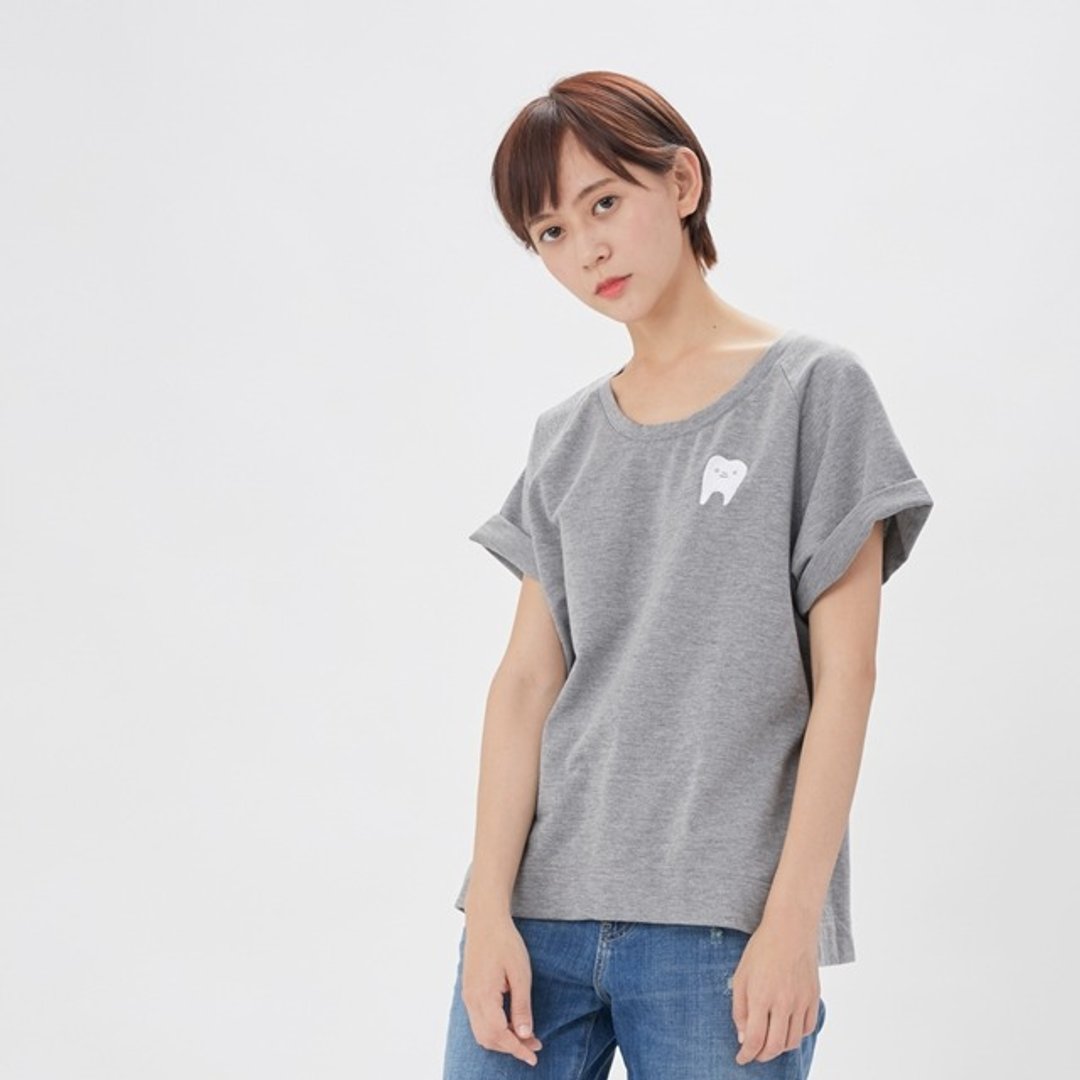 法國小毛圈好呀先生刺繡寬版上衣/灰 - 女装 T 恤 - 棉 灰色