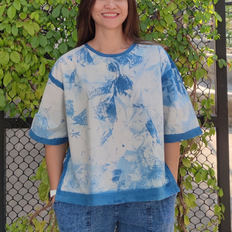 Marble Indigo Crop Top - 女装上衣 - 棉．麻 蓝色