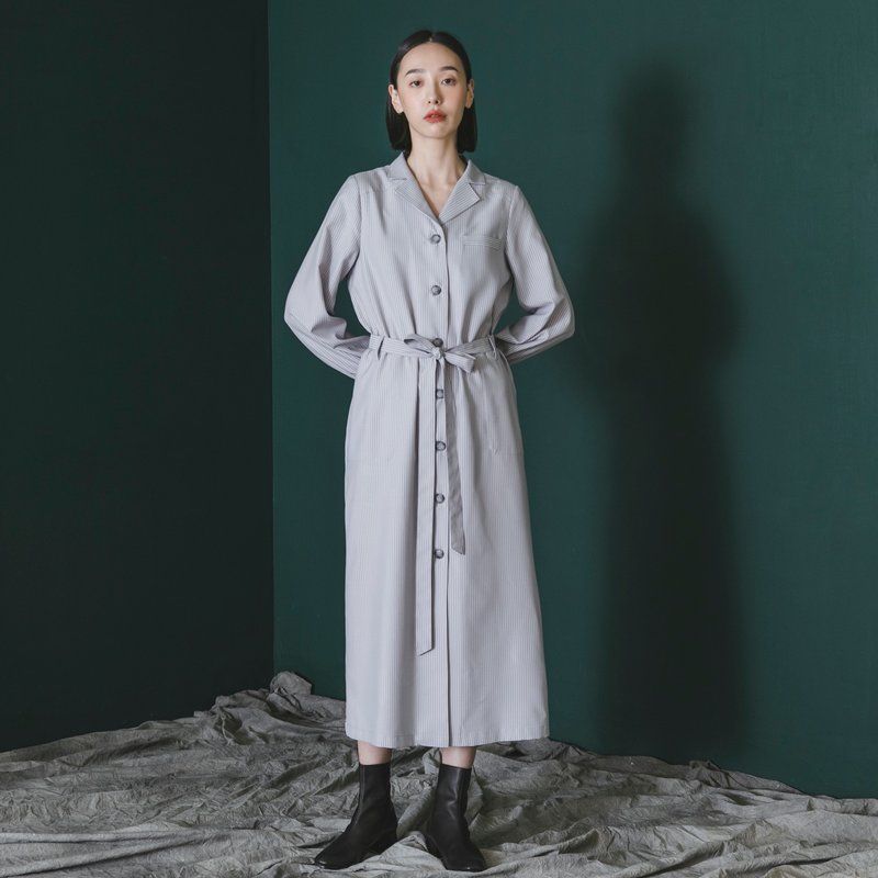 【经典原创】Sudden_蓦然绑带洋装_CLD501_浅灰条纹 - 洋装/连衣裙 - 棉．麻 灰色