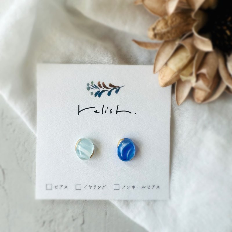 【再次贩售】琉球玻璃 金继 耳环 耳夹 无耳洞耳夹 玻璃 金色 金 简约 透明 雾白 白色 浅蓝色 - 耳环/耳夹 - 玻璃 蓝色