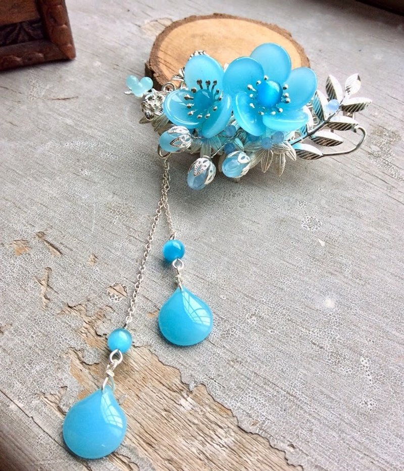 喵手作~复古中国风大梅花发夹(湖蓝) - 发饰 - 其他材质 蓝色