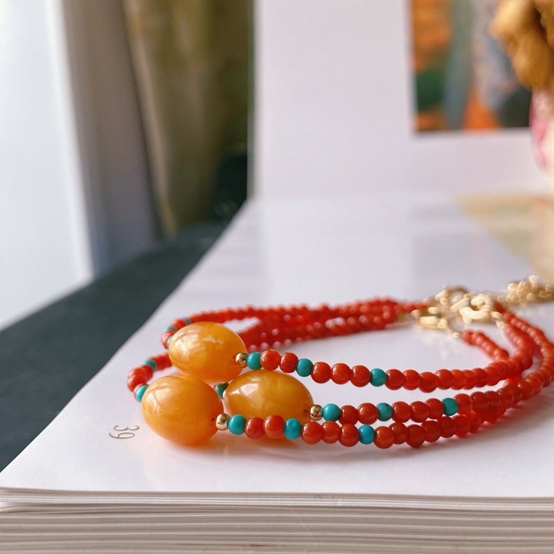 2mm天然原矿南红 鸡油黄蜜蜡设计单圈手串手链s - 手链/手环 - 半宝石 红色