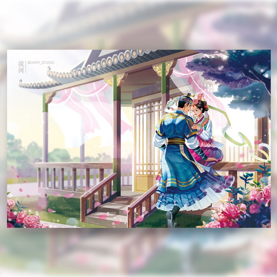 牡丹夫妻的爱 - 韩服女孩插画明信片 (uha) - 卡片/明信片 - 纸 多色