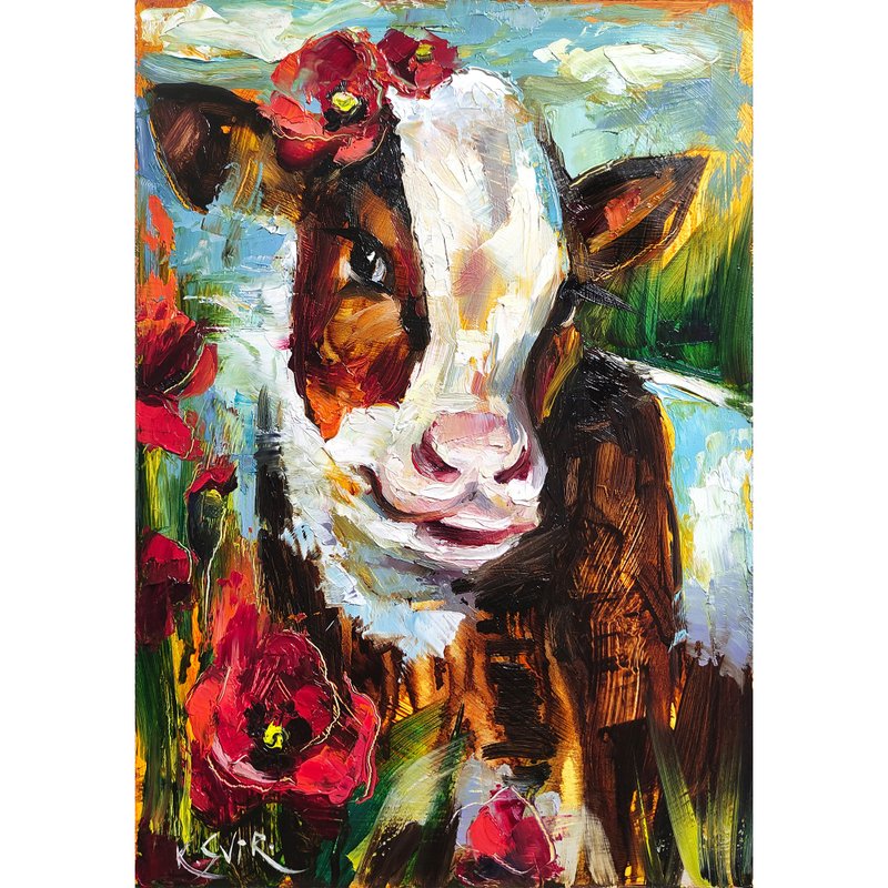 Cow Painting Farm Animal Original Art Oil Painting Impasto Artwork - 海报/装饰画/版画 - 其他材质 多色