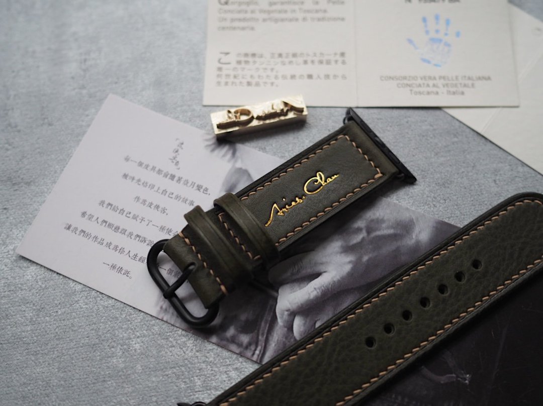 纯手工牛皮摔纹橄榄绿苹果Applewatch表带 颜色款式可定制化 订制 - 表带 - 真皮 绿色