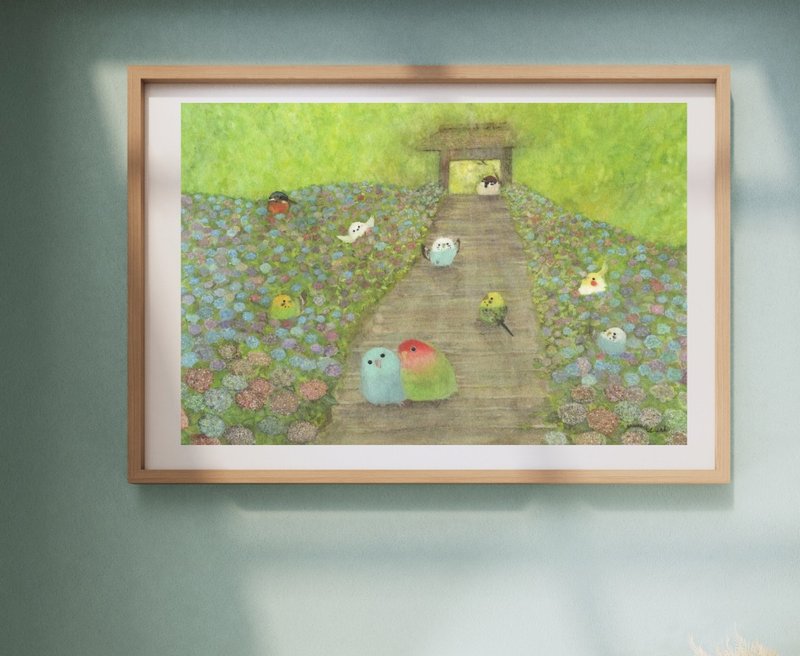 A4 绣球花下的约定 : 水彩风海报 虎皮鹦鹉 小鸟与自然风景 - 海报/装饰画/版画 - 纸 绿色