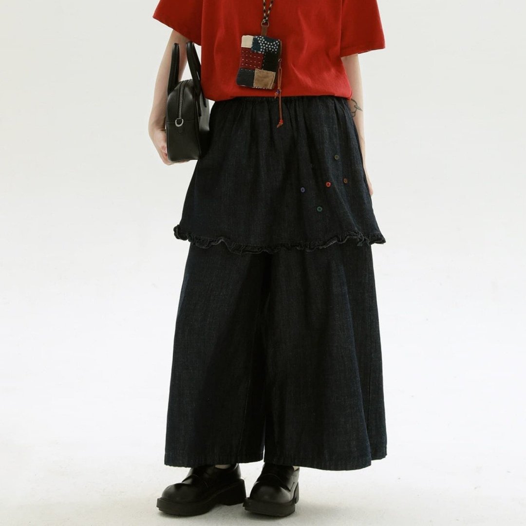 深藍色曡穿牛仔褲 休閒造型文藝牛仔闊腿褲 休閒寬褲 - 女装长裤 - 棉 蓝色