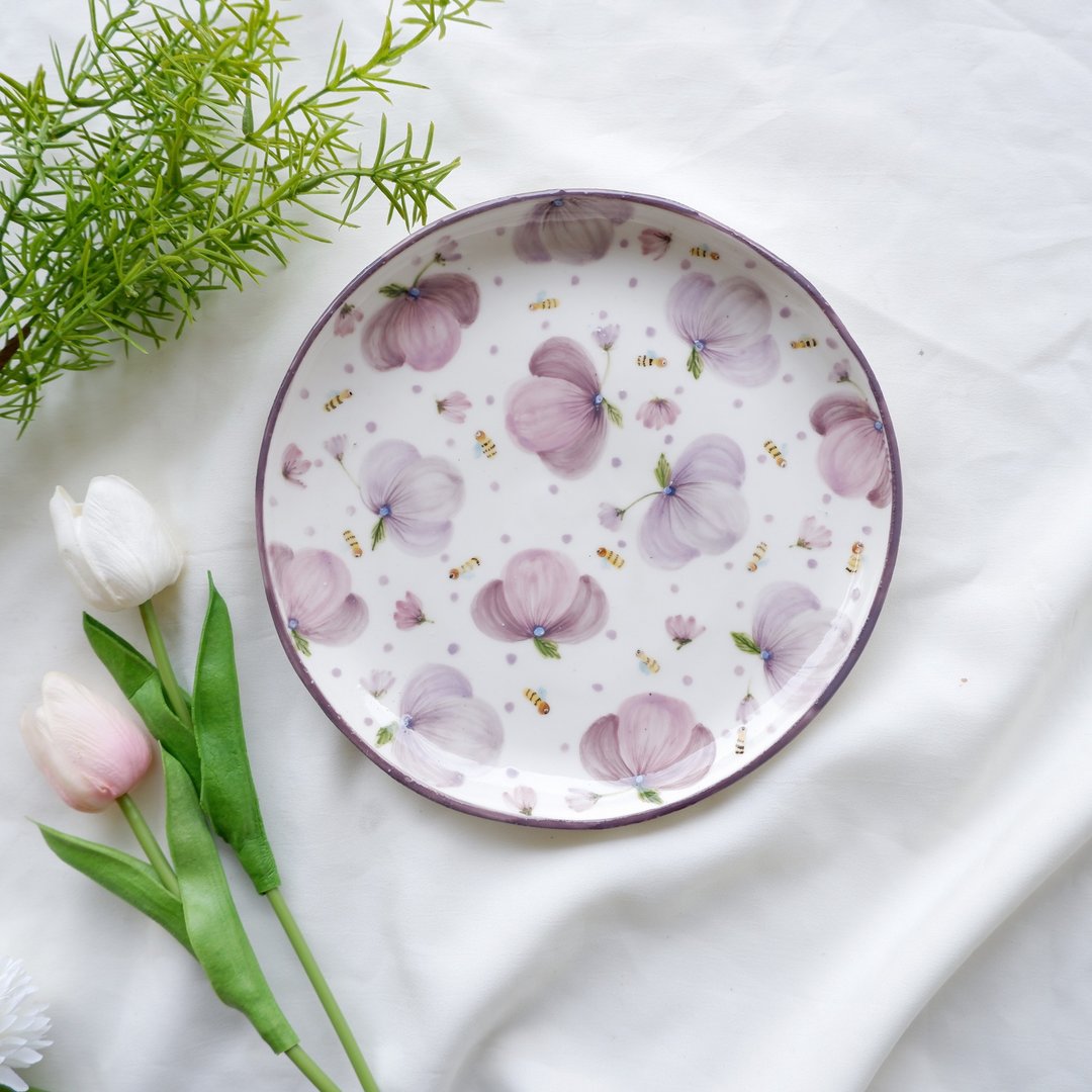Happy pansy plate  | Handmade ceramic - 浅碟/小碟子 - 陶 紫色