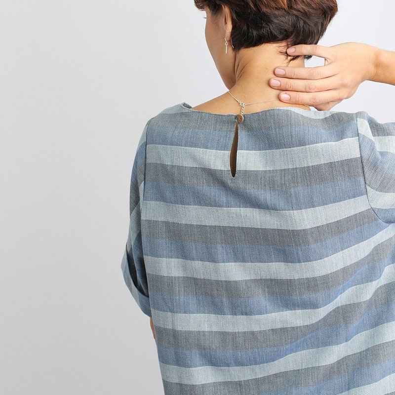 Striped Over Size Cotton Blouse, Knox, Indigo - 女装上衣 - 棉．麻 蓝色