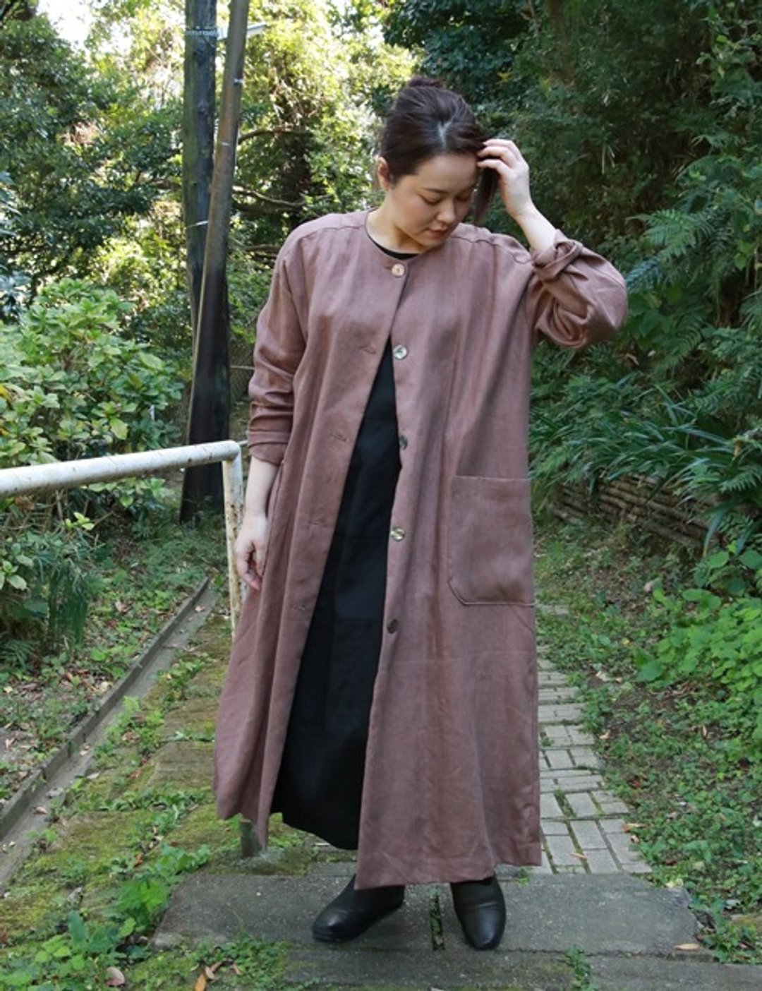 Linen round neck long coat - 女装休闲/机能外套 - 棉 