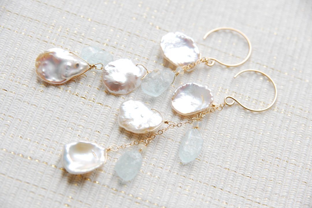 Keshiparu and aquamarine earrings (14 gold gf) - 耳环/耳夹 - 宝石 蓝色