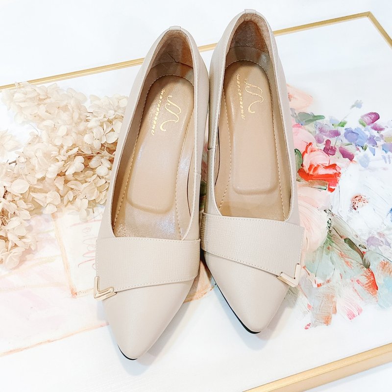 拼接切边高跟鞋-米 - 高跟鞋 - 真皮 