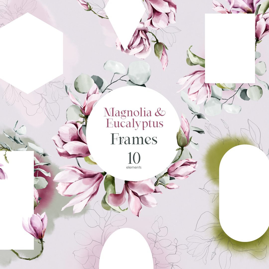 Magnolia & Eucalyptus. Watercolor floral frames, botanical clipart - 电子手绘真人画像/绘画/插画 - 其他材质 