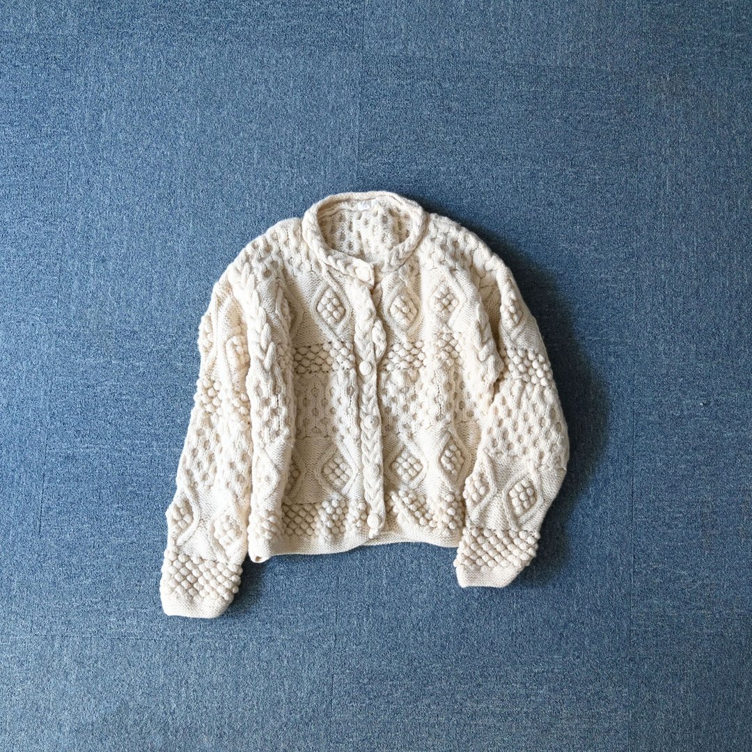 【NaSuBi Vintage】纯羊毛粗针立体织纹开襟古着毛衣 - 女装针织衫/毛衣 - 羊毛 白色