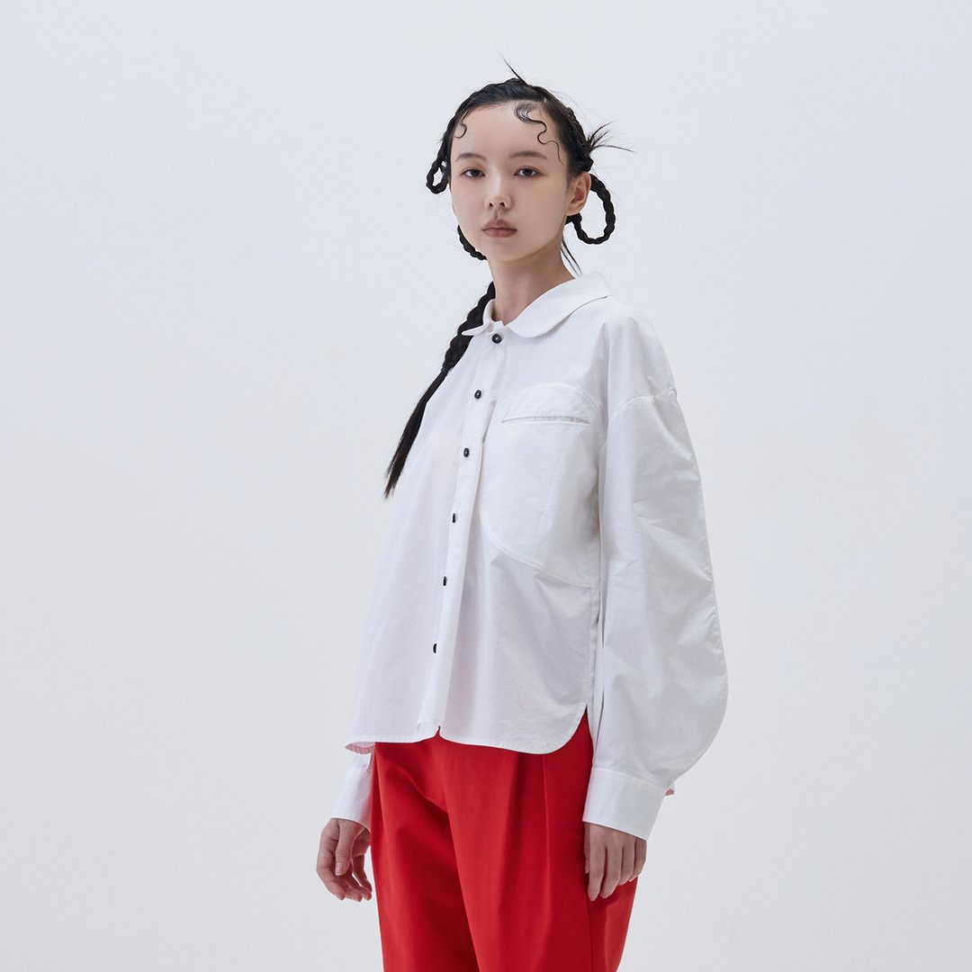 独特弧形袖衬衫 - 女装衬衫 - 棉．麻 白色