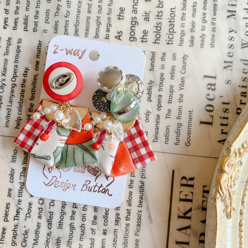 wow handmade 裙摆缎带 复古钮扣耳环 2way设计 送礼推荐 - 耳环/耳夹 - 其他材质 