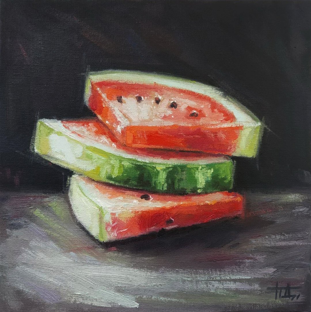 Original oil painting on canvas Still life Red watermelon slices 20x20 cm - 墙贴/壁贴 - 其他材质 多色