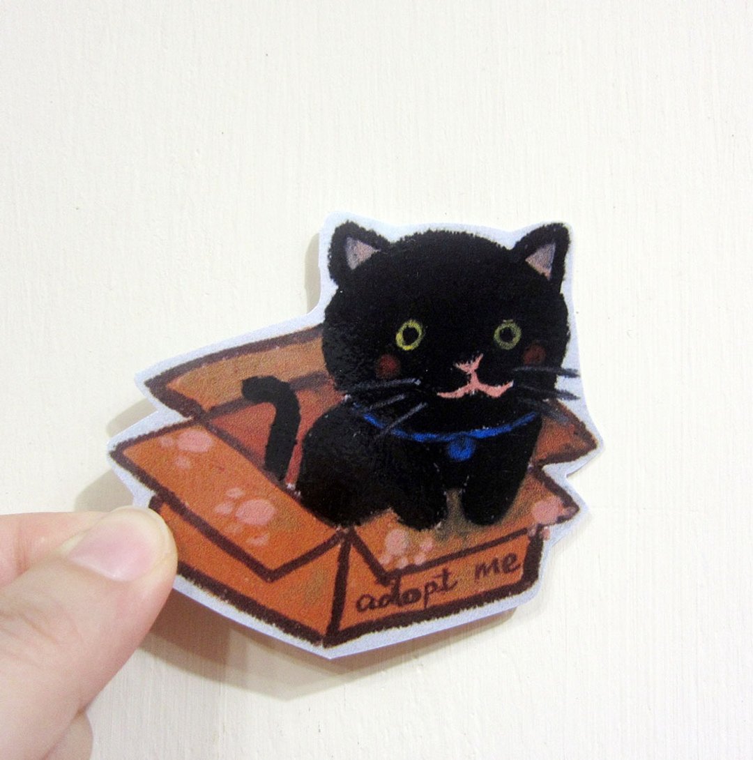 手绘插画风格 完全 防水贴纸 养我黑猫 领养 black cat - 贴纸 - 防水材质 黑色