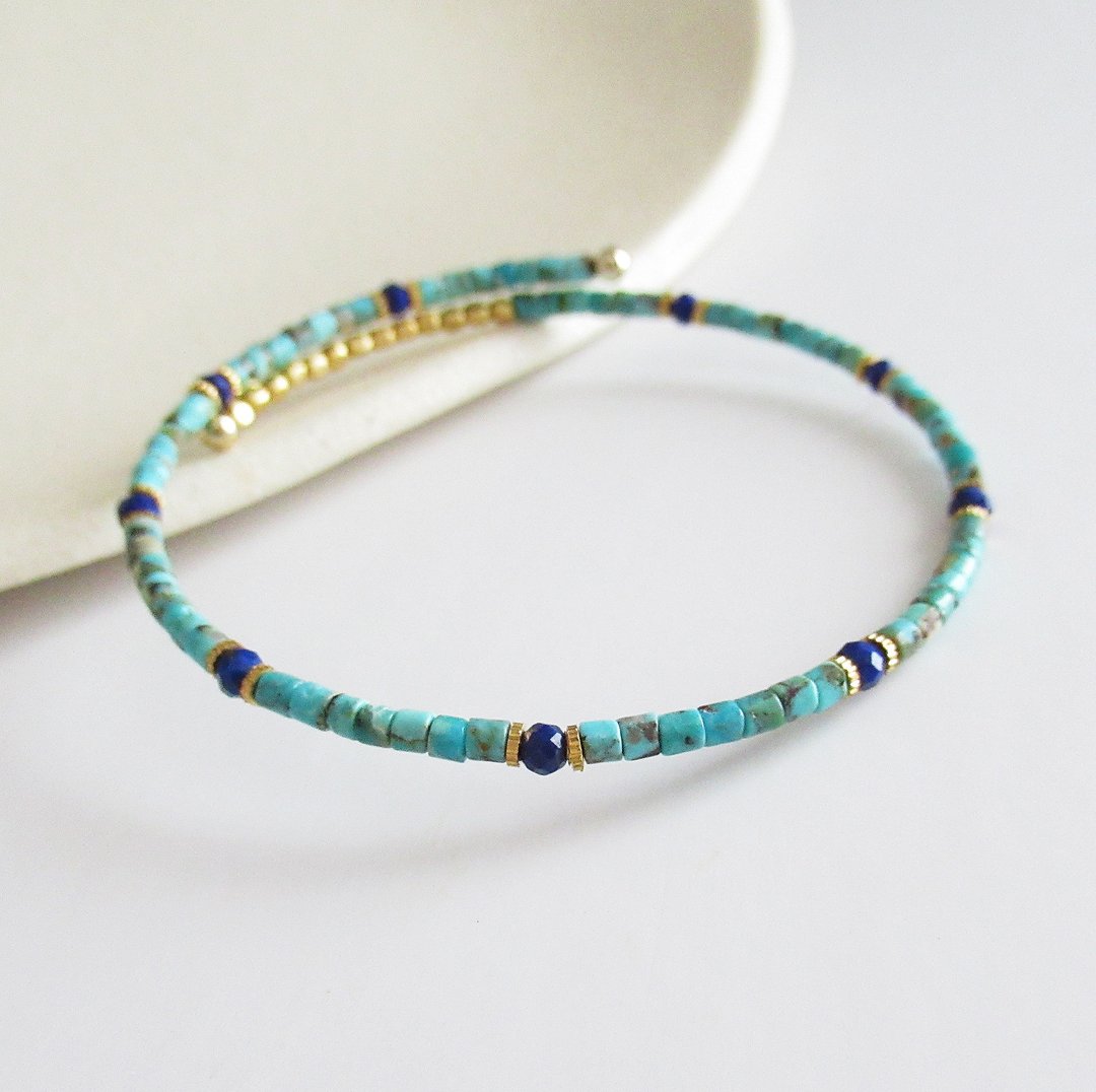 Tube shaped turquoise and lapis lazuli, wire bracelet - 手链/手环 - 石头 绿色