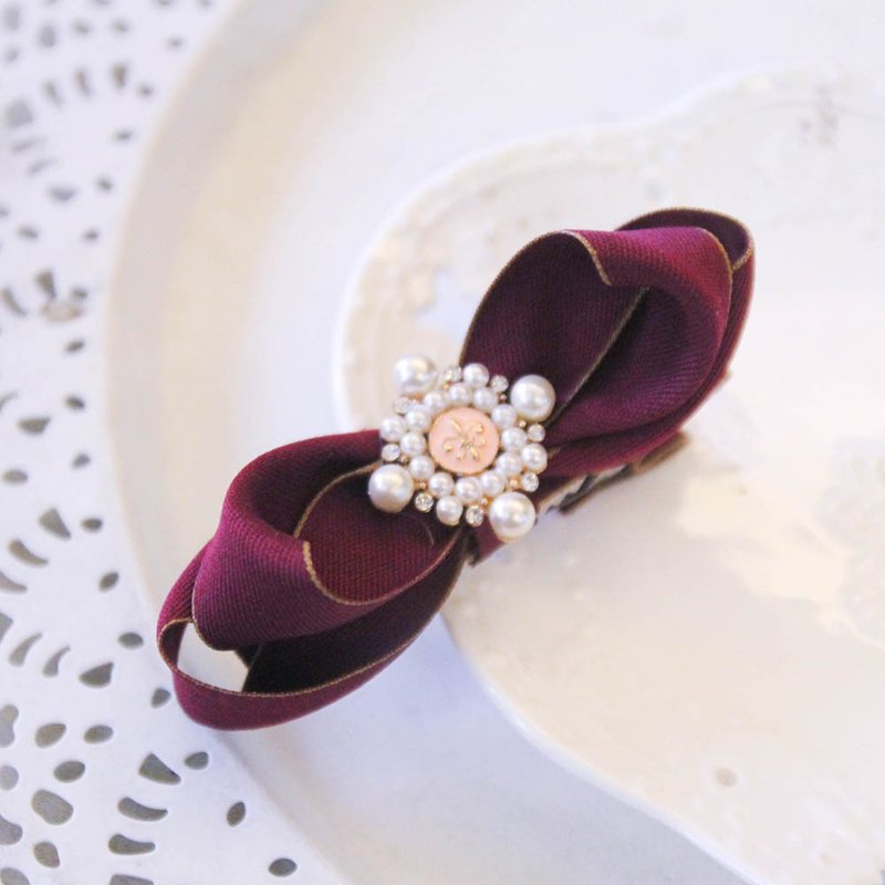 酒红色镶边扭扭蝴蝶结 大方夹 - 发饰 - 聚酯纤维 红色