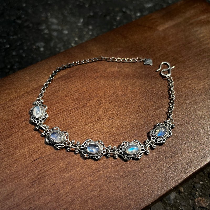 喜迎瑶 925银 月光石 天然石 手链 手链 手环 民族风 男女 复古 - 手链/手环 - 水晶 银色