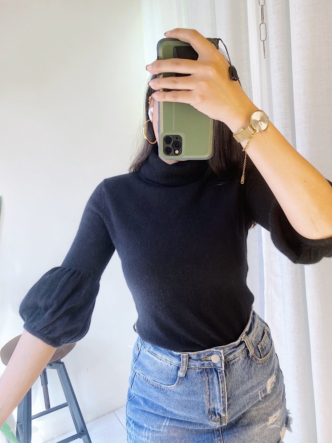 经典全素面纯黑立领澎袖 古董羊绒羊毛衣毛衫cashmere sweater - 女装针织衫/毛衣 - 羊毛 黑色