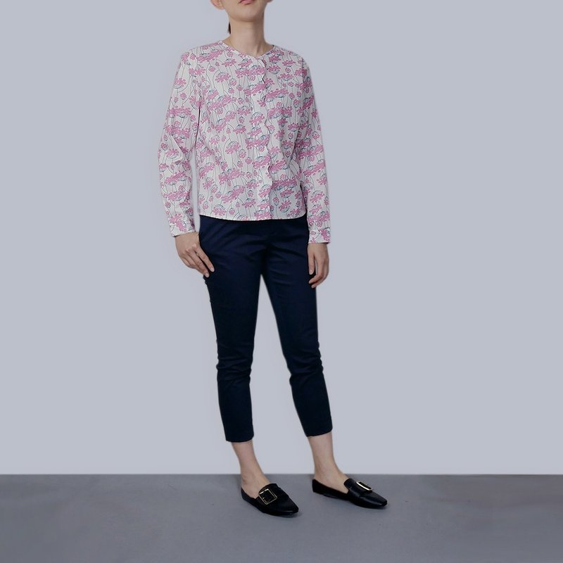 粉色印花花瓣开襟衬衫 - 女装衬衫 - 棉．麻 多色