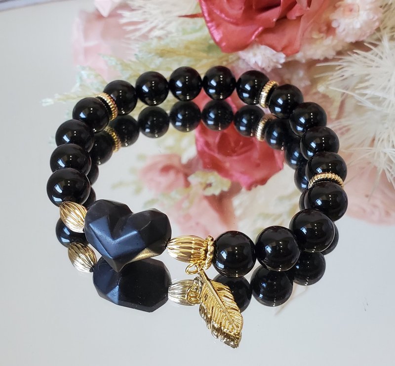 夜神- 立体爱心切面银沙黑曜石/黑碧玺/护身避邪水晶手链 - 手链/手环 - 水晶 黑色