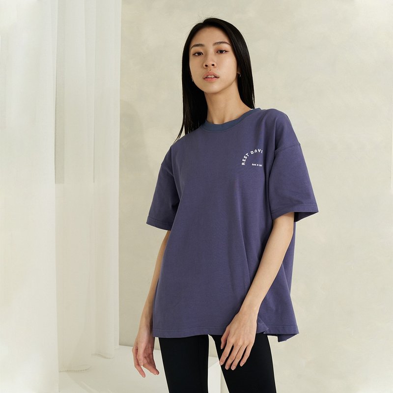 【GLADE.】Rest Day 重磅宽版 刺绣短袖上衣 (牛仔蓝) - 女装上衣 - 棉 蓝色