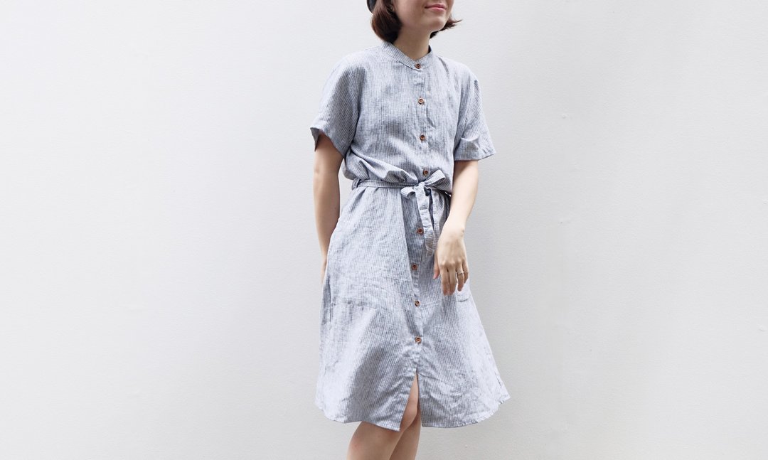 Mandarin Ribbon Dress ( MAY Dress ) : Striped pattern - 洋装/连衣裙 - 棉 白色