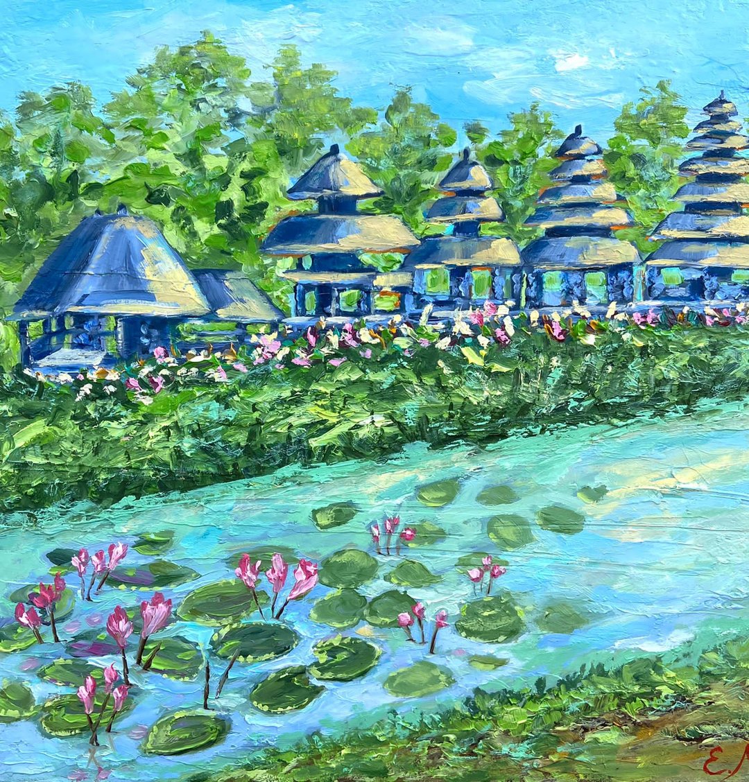 巴厘岛皇家寺庙海景画纸板上的油画厚涂墙装饰艺术 - 墙贴/壁贴 - 其他材质 蓝色
