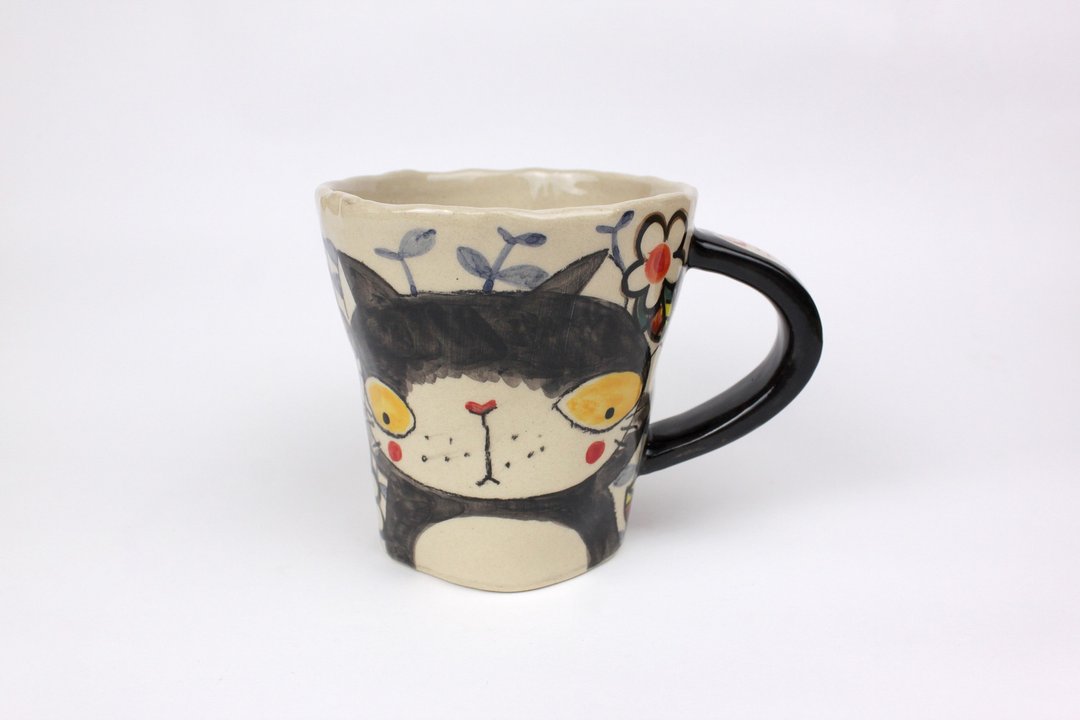 Nice Little Clay 广口大马克杯 小花猫 0106-5 - 咖啡杯/马克杯 - 陶 白色