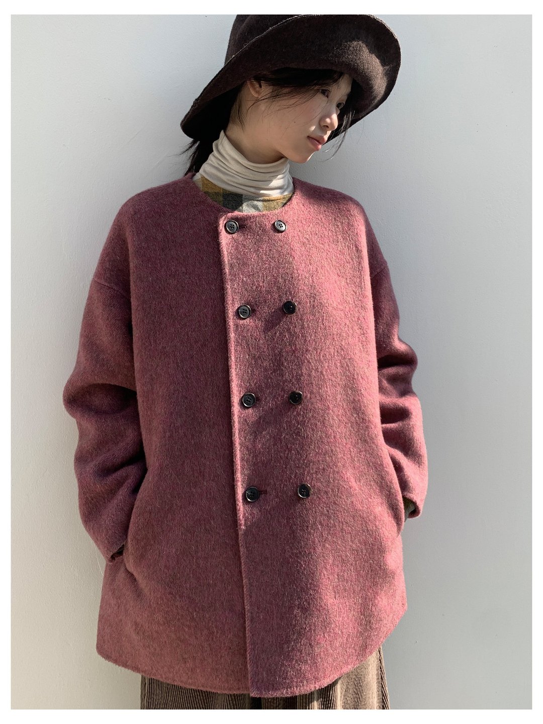 秋冬手工双面呢中长款显白莓莓红羊毛大衣外套 - 女装西装外套/风衣 - 棉 多色