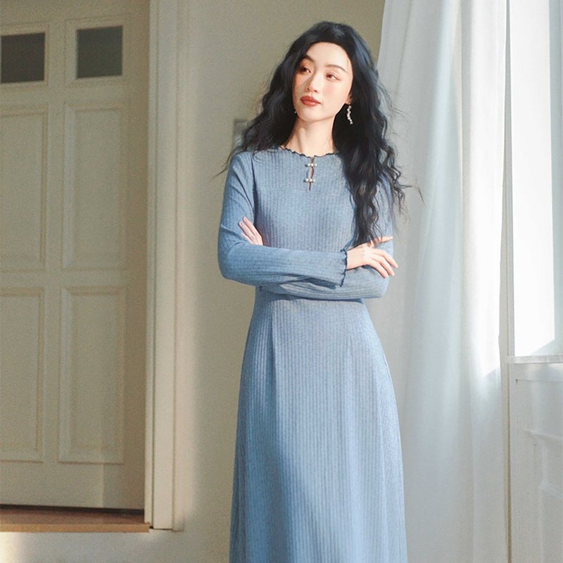 蓝色珍珠扣针织连衣裙MYD35053 - 洋装/连衣裙 - 其他材质 蓝色