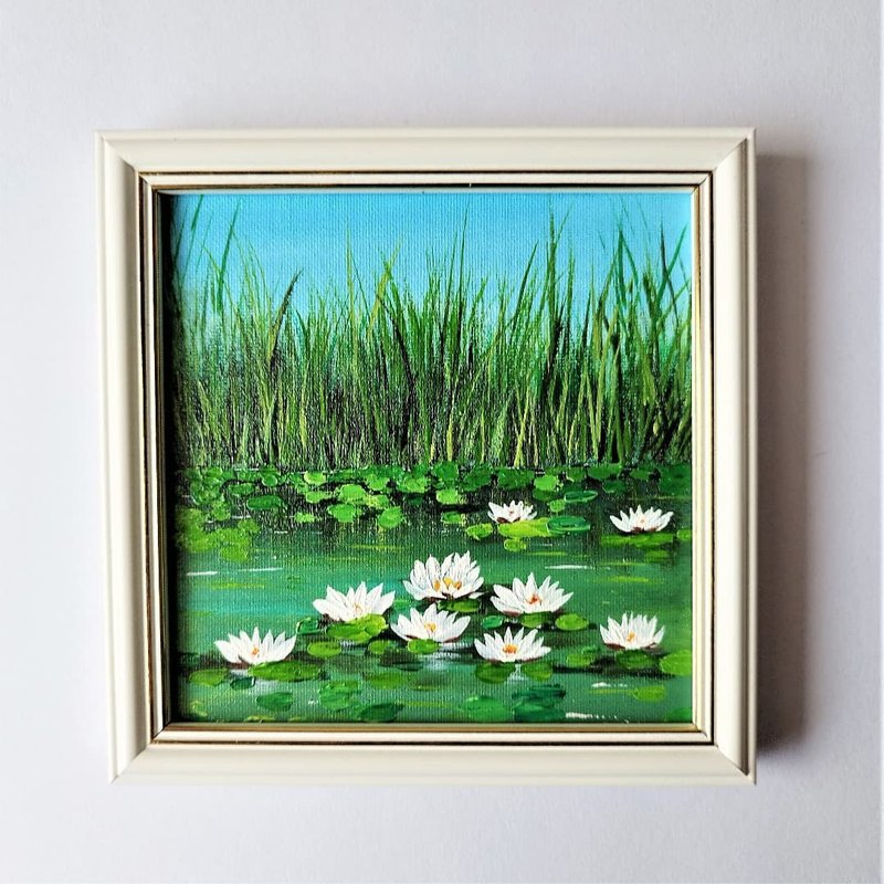 Water Lily original painting 掛畫 Flower impasto art Lotus Pond 油畫 Landscape 客廳 掛畫 - 墙贴/壁贴 - 压克力 绿色