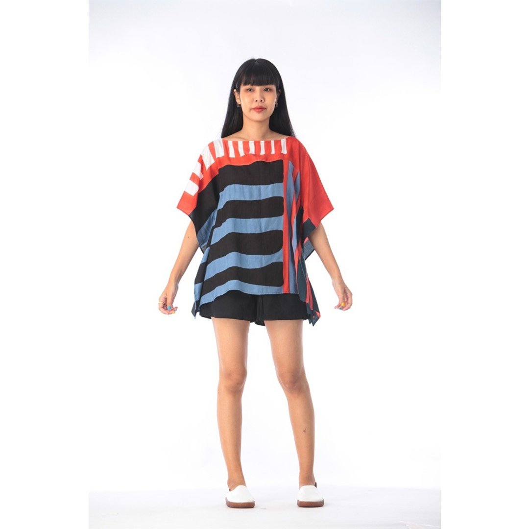 Poncho Blouse Cotton Silk Hand Painted for Summer resort vac - 女装上衣 - 棉 蓝色