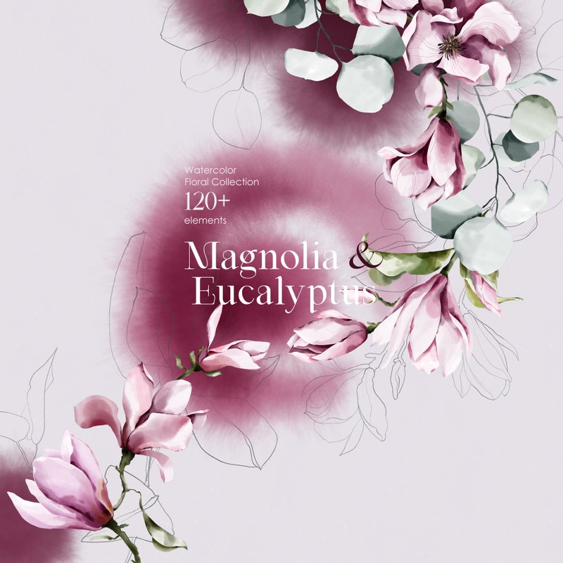 MAGNOLIA & EUCALYPTUS. Watercolor floral clipart collection - 电子手绘真人画像/绘画/插画 - 其他材质 