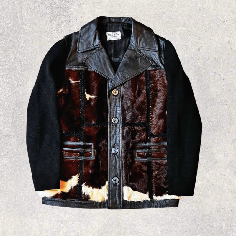 美国古着 嬉皮风格 皮革拼接动物毛 针织外套 - 男装外套 - 其他材质 