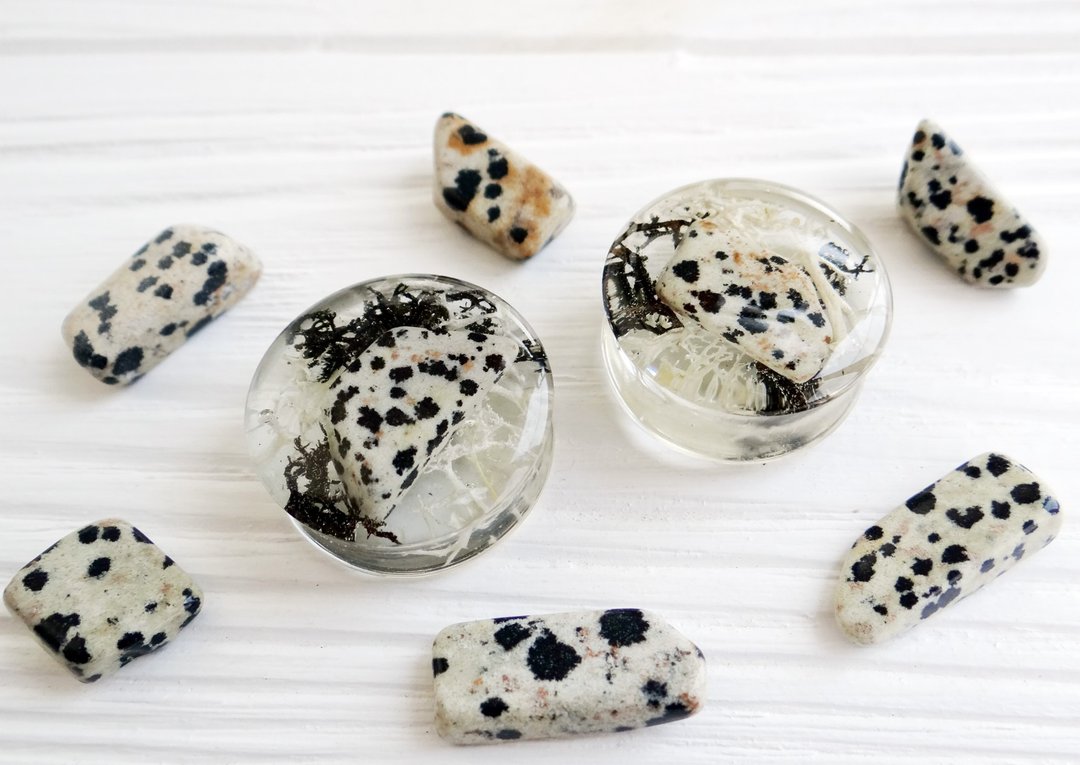 DALMATIAN JASPER plugs gauges 0g 00g 30mm tunnel Stone - 耳环/耳夹 - 宝石 白色