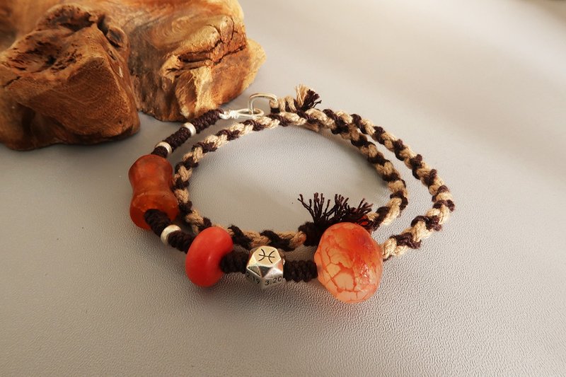 原创小众设计 天然风化老玛瑙牛骨纯银星座藏饰手绳 中性双圈手链 - 手链/手环 - 玉石 