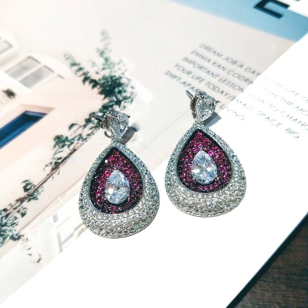 I JEWELRY 奢华璀璨紫红雨滴顶级锆石纯银耳环 附纯银保证卡 现货 - 耳环/耳夹 - 纯银 银色