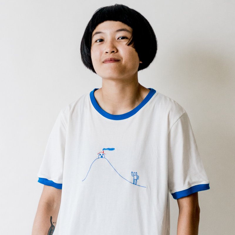 // 登山小猫 // 滚边纯棉上衣-Ringer T-shirt - 中性连帽卫衣/T 恤 - 棉．麻 白色