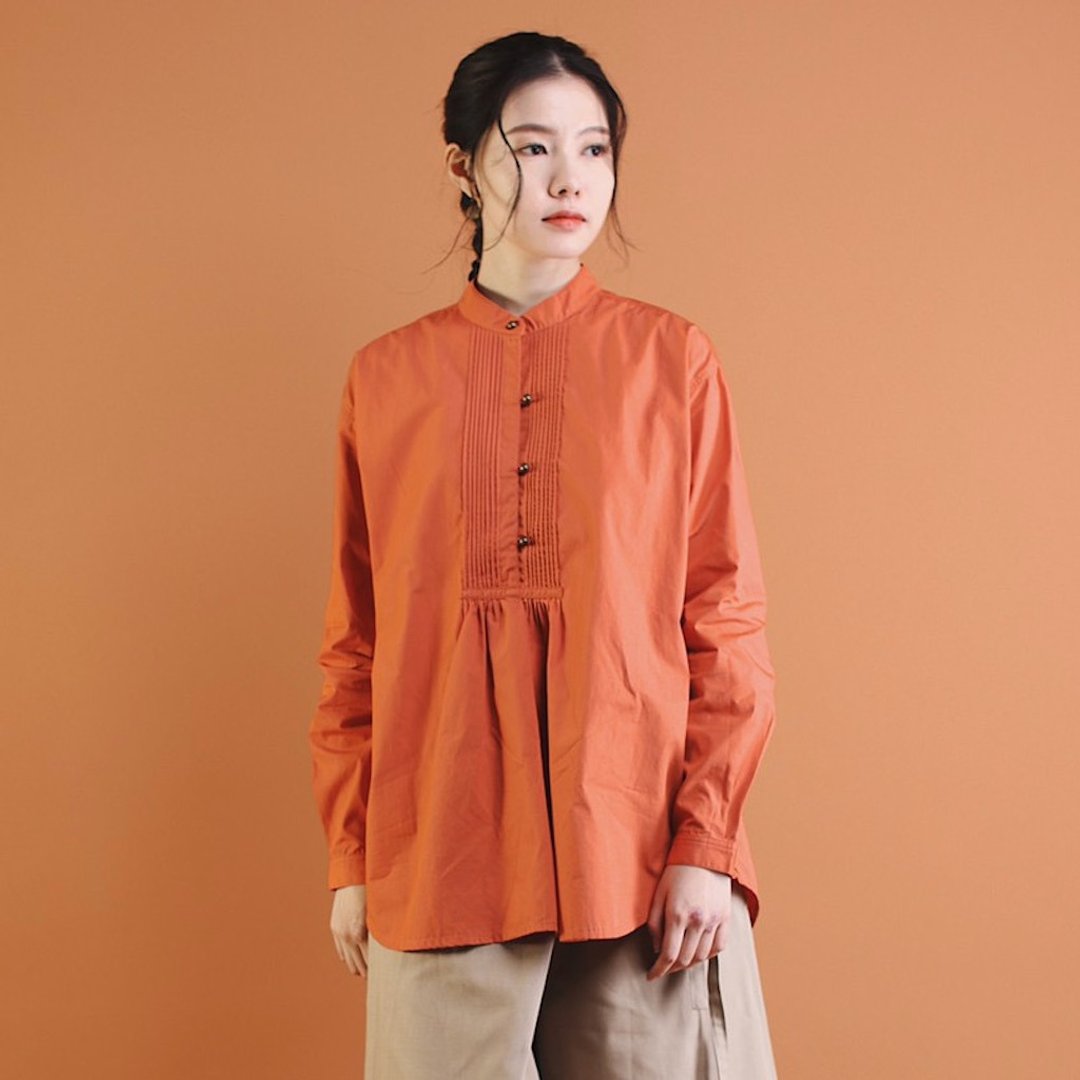 OMAKE.jp 小塔克排扣衬衫RinnelShirt 珊瑚橘 - 女装衬衫 - 棉．麻 橘色