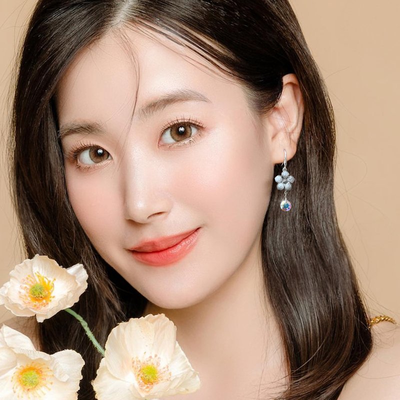 奥地利水晶小花耳环 - 粉/蓝 - 耳环/耳夹 - 水晶 粉红色