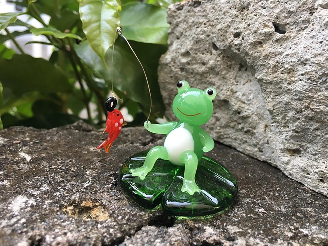 可爱青蛙钓鱼 手工玻璃 - 摆饰 - 玻璃 