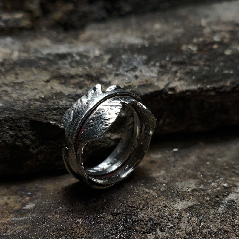 宽板羽毛银戒 - 戒指 - 银 黑色