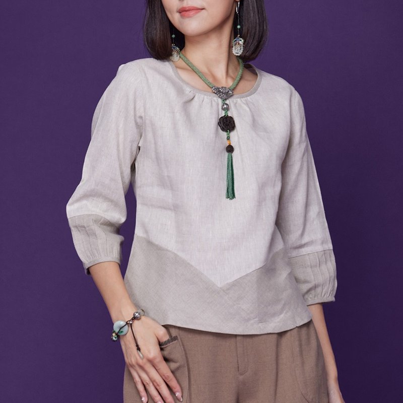 古典美 亚麻配色显瘦上衣【58010】 - 女装上衣 - 棉．麻 白色