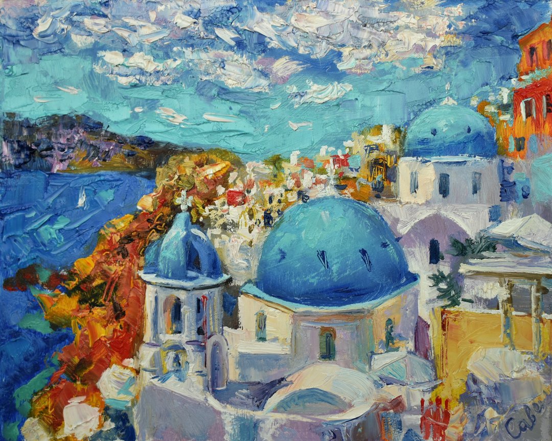 Greece Painting Santorini Original Art Cityscape Artwork Oil Landscape Impasto - 海报/装饰画/版画 - 木头 多色