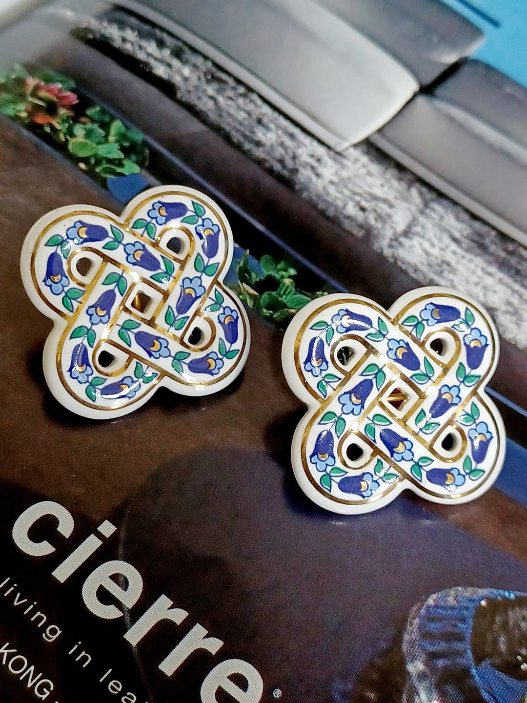 vintage jewelry  别致陶瓷花砖夹式耳环 - 耳环/耳夹 - 其他金属 